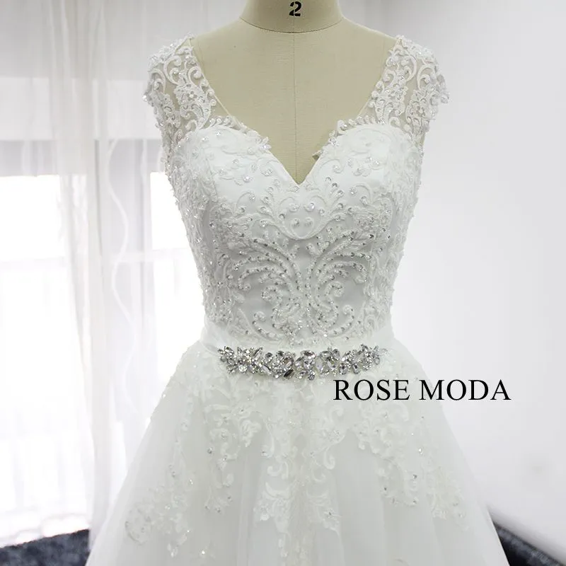 Rosemoda Beaded Short Lace Wedding Dress With Removable Skirt