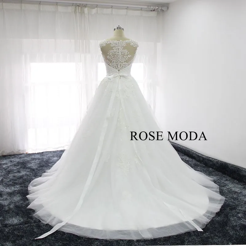 Rosemoda Beaded Short Lace Wedding Dress With Removable Skirt