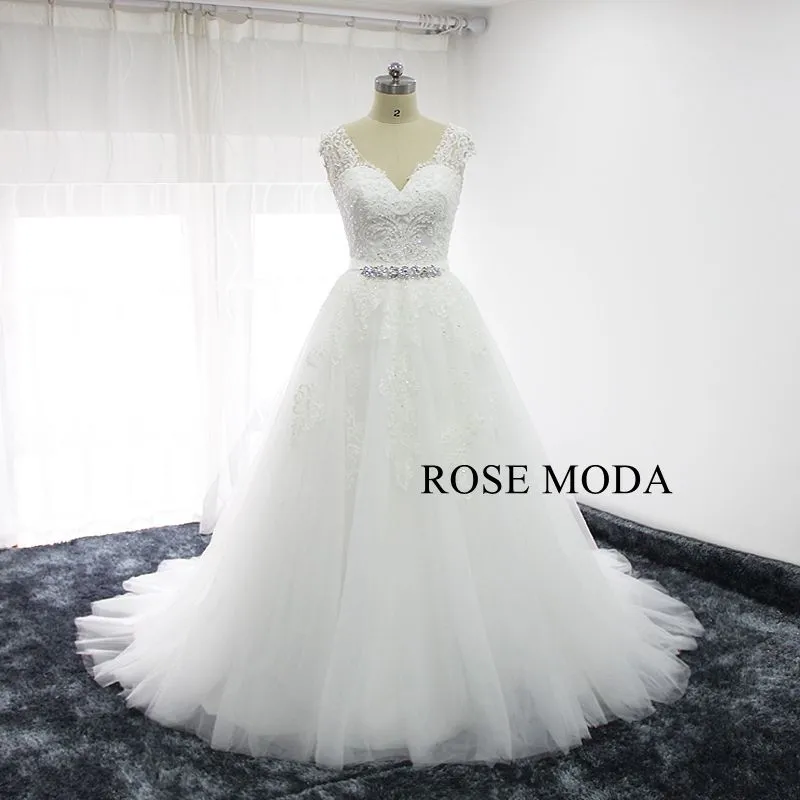 Rosemoda Beaded Short Lace Wedding Dress With Removable Skirt