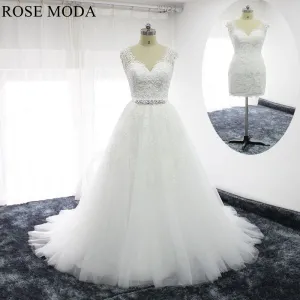 Rosemoda Beaded Short Lace Wedding Dress With Removable Skirt