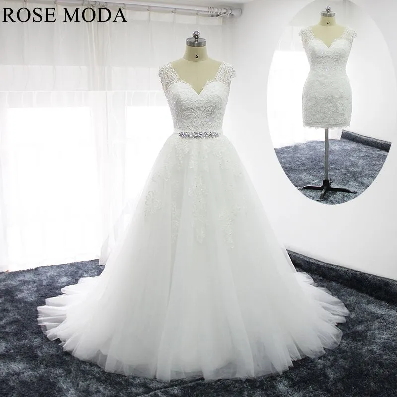 Rosemoda Beaded Short Lace Wedding Dress With Removable Skirt