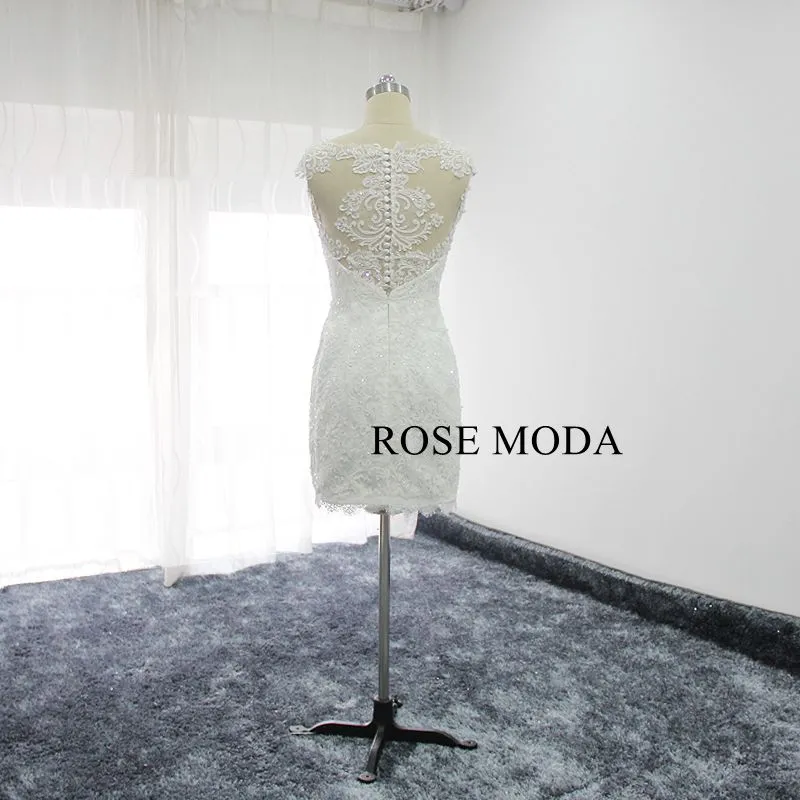 Rosemoda Beaded Short Lace Wedding Dress With Removable Skirt