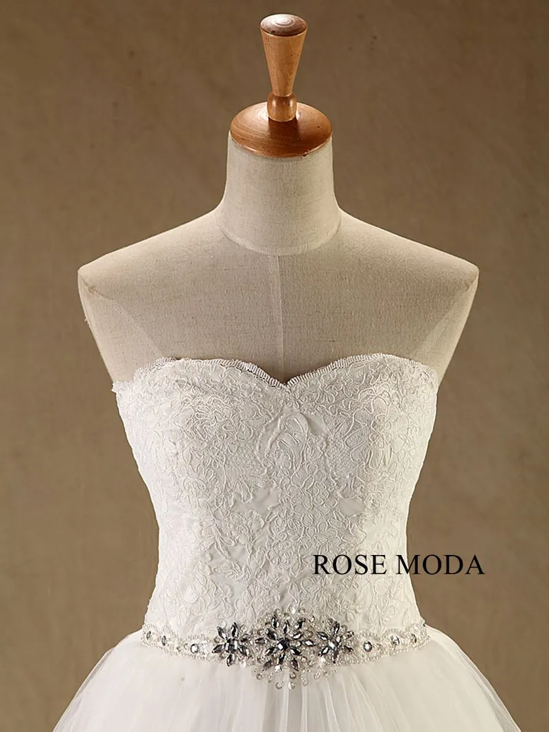 Rosemoda Chantilly Lace A Line Wedding Dress with Beaded Belt