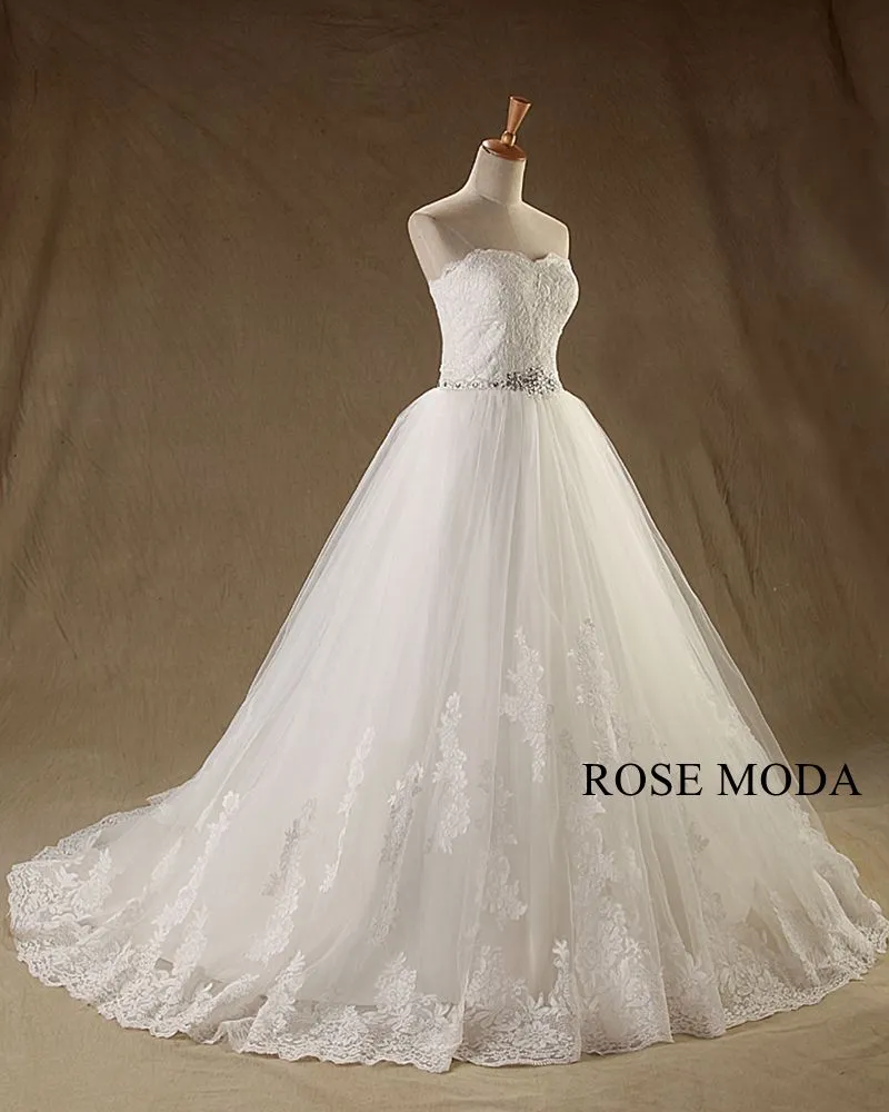 Rosemoda Chantilly Lace A Line Wedding Dress with Beaded Belt