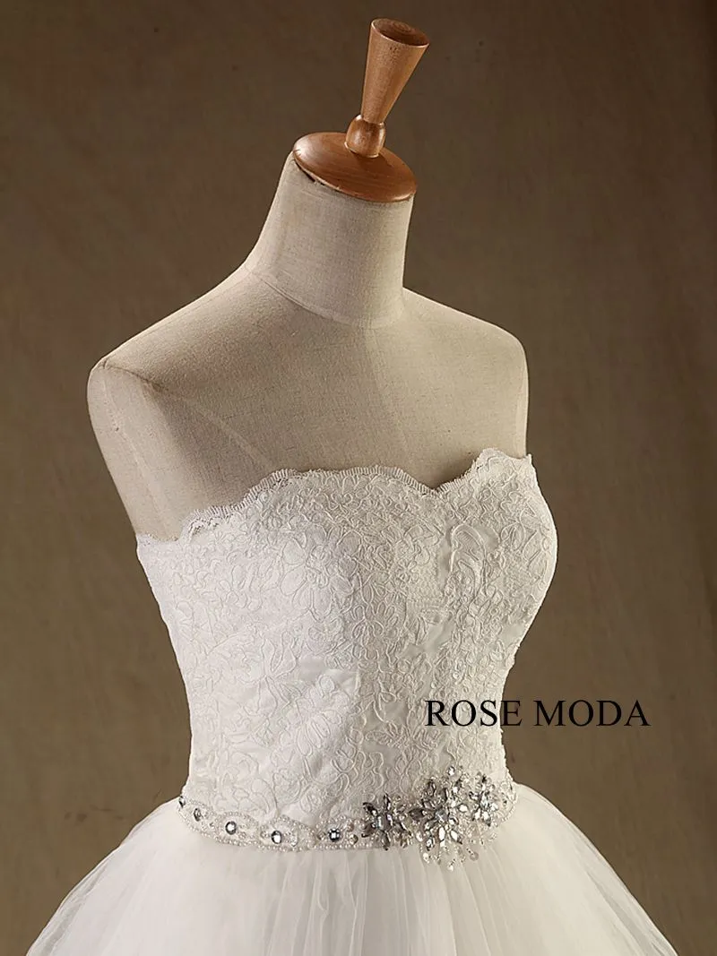 Rosemoda Chantilly Lace A Line Wedding Dress with Beaded Belt