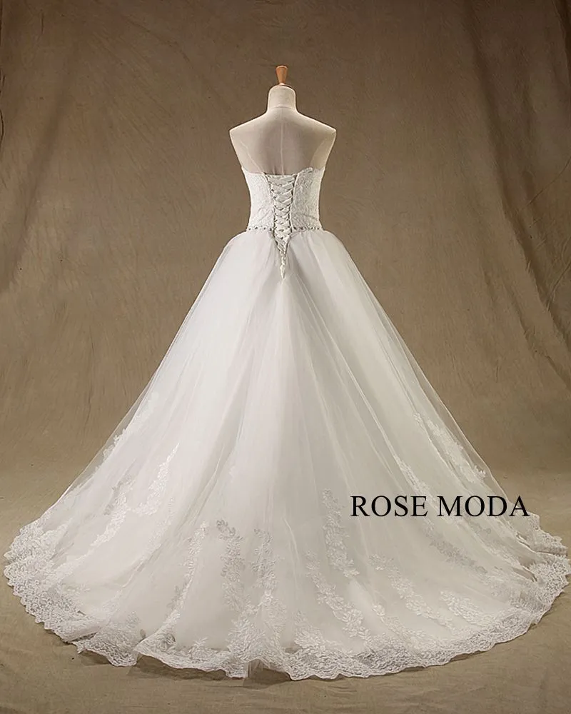 Rosemoda Chantilly Lace A Line Wedding Dress with Beaded Belt