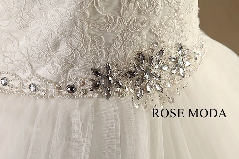 Rosemoda Chantilly Lace A Line Wedding Dress with Beaded Belt