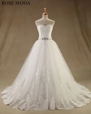 Rosemoda Chantilly Lace A Line Wedding Dress with Beaded Belt