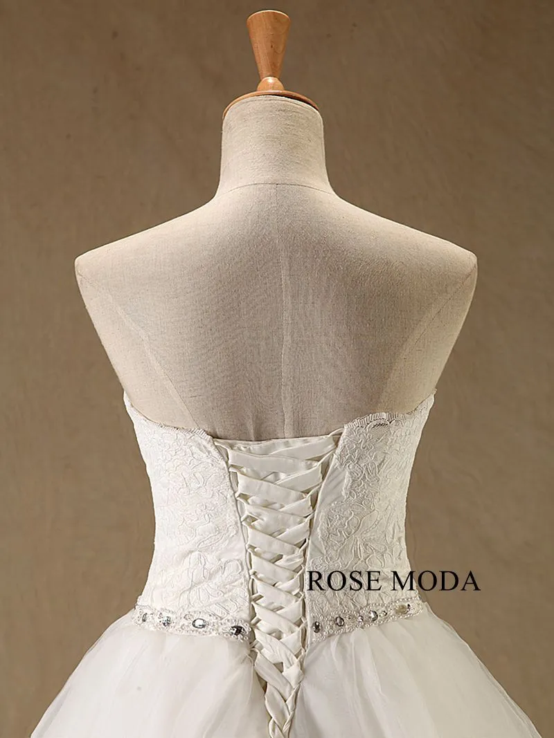 Rosemoda Chantilly Lace A Line Wedding Dress with Beaded Belt
