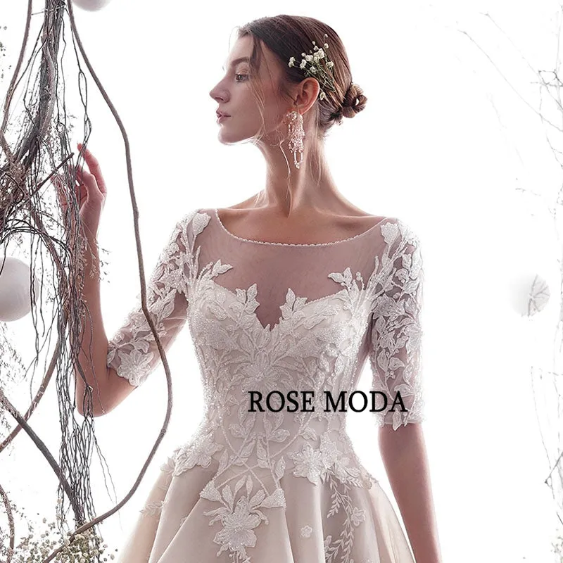 Rosemoda Half Sleeve Lace Organza A Line Wedding Dress