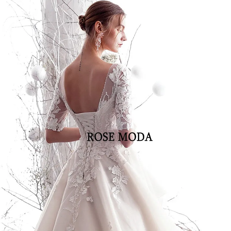 Rosemoda Half Sleeve Lace Organza A Line Wedding Dress