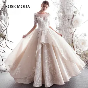 Rosemoda Half Sleeve Lace Organza A Line Wedding Dress