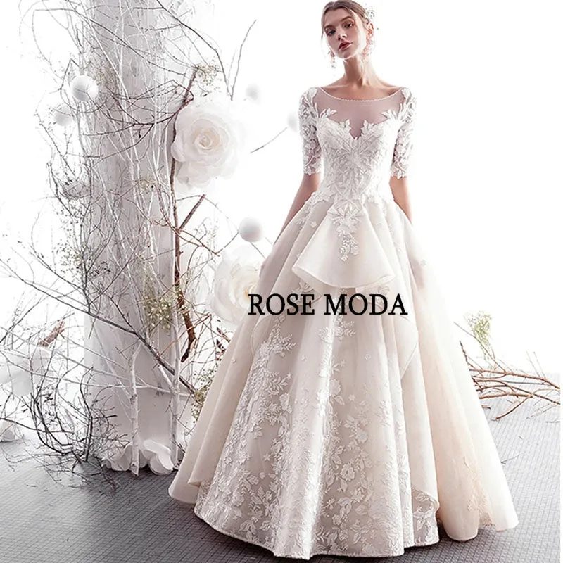 Rosemoda Half Sleeve Lace Organza A Line Wedding Dress