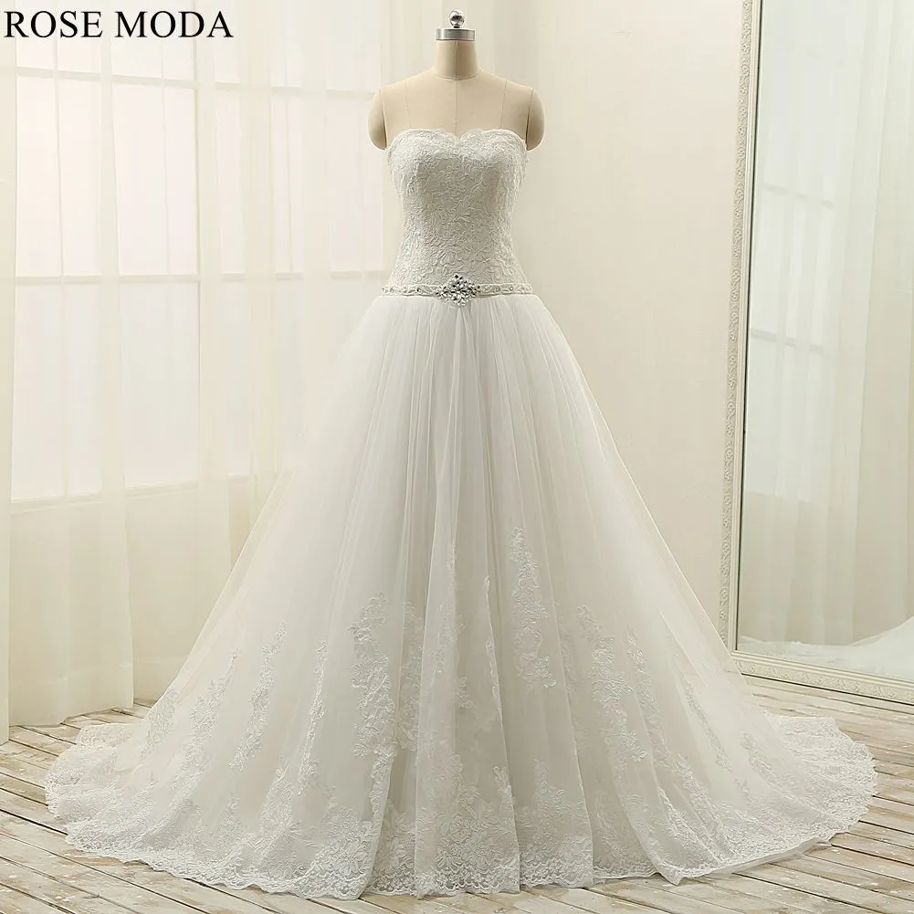 Rosemoda Lace A Line Wedding Dress With Crystal Belt
