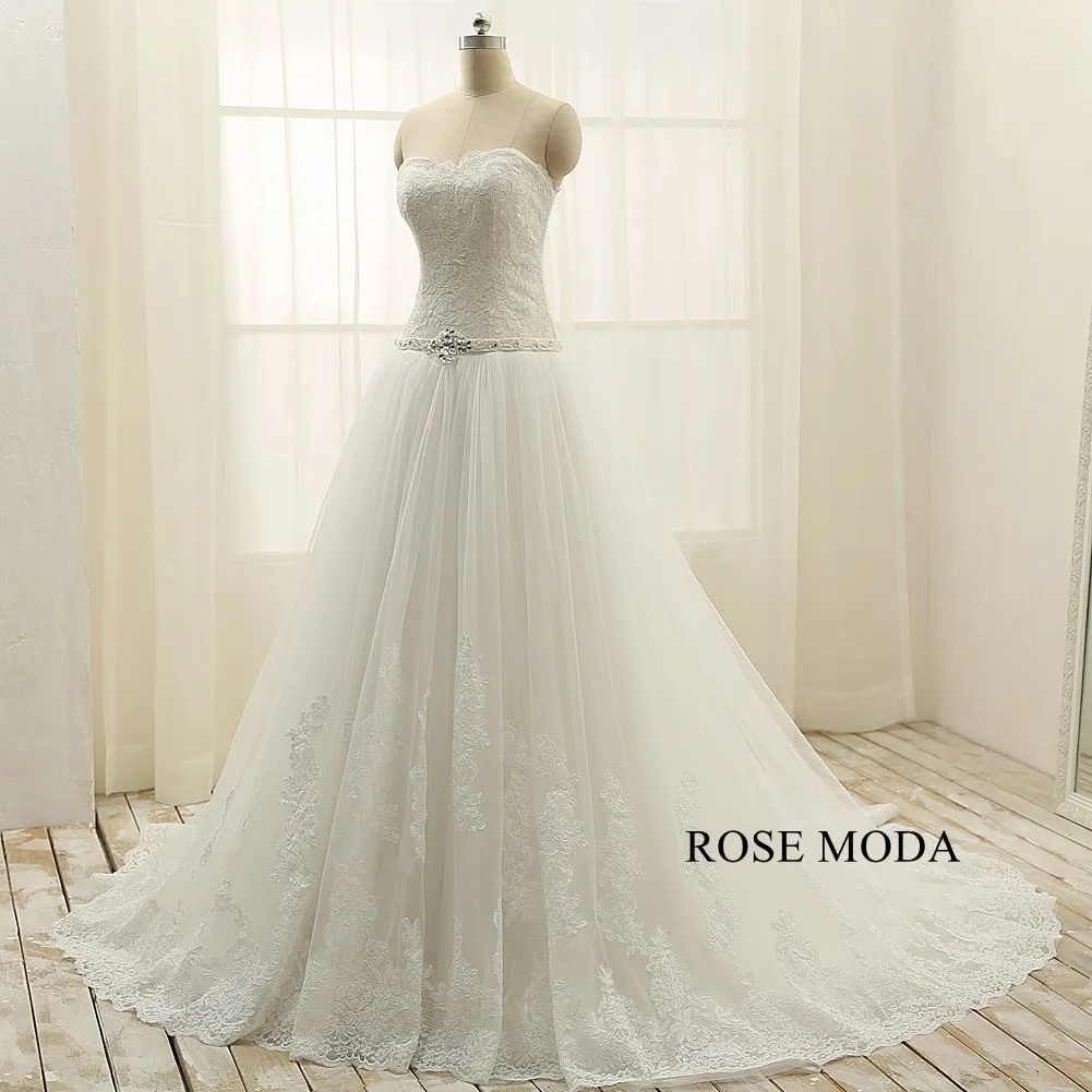 Rosemoda Lace A Line Wedding Dress With Crystal Belt