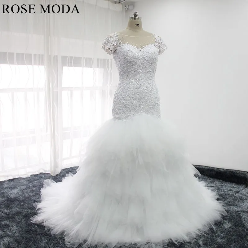 Rosemoda Lace Bodice Tiered Tufted Tulle Skirt Mermaid Wedding Dress