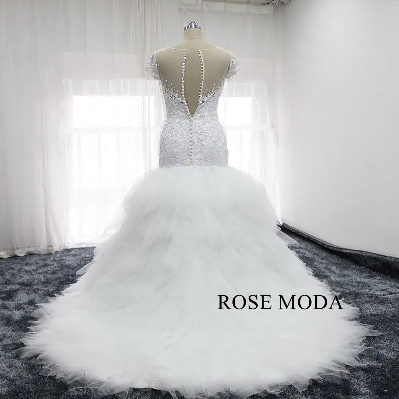 Rosemoda Lace Bodice Tiered Tufted Tulle Skirt Mermaid Wedding Dress