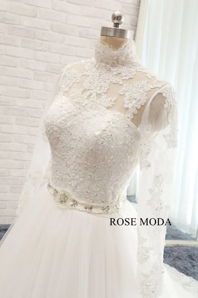 Rosemoda Long sleeve Chantilly Lace A Line Wedding Dress with Cut Out Back