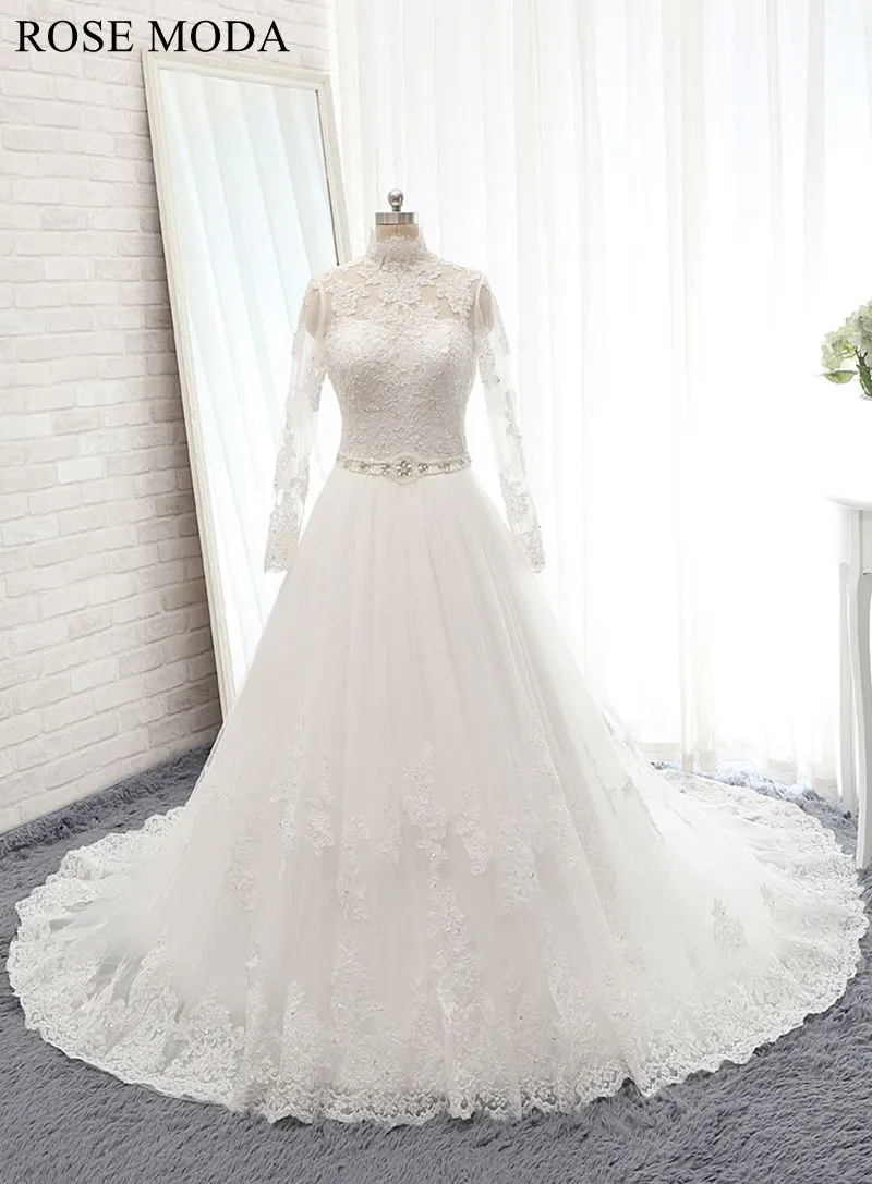 Rosemoda Long sleeve Chantilly Lace A Line Wedding Dress with Cut Out Back