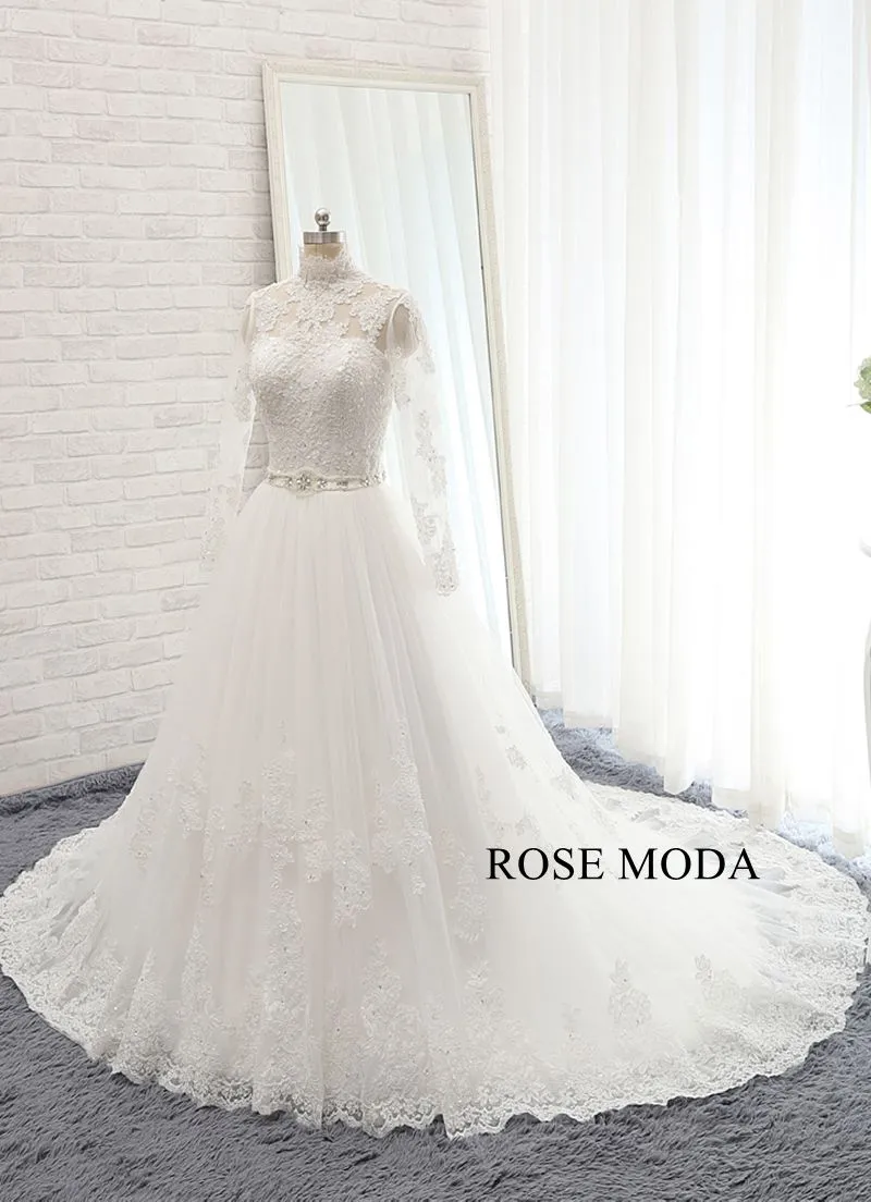 Rosemoda Long sleeve Chantilly Lace A Line Wedding Dress with Cut Out Back