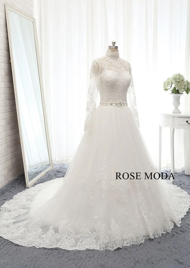 Rosemoda Long sleeve Chantilly Lace A Line Wedding Dress with Cut Out Back