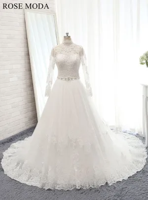 Rosemoda Long sleeve Chantilly Lace A Line Wedding Dress with Cut Out Back
