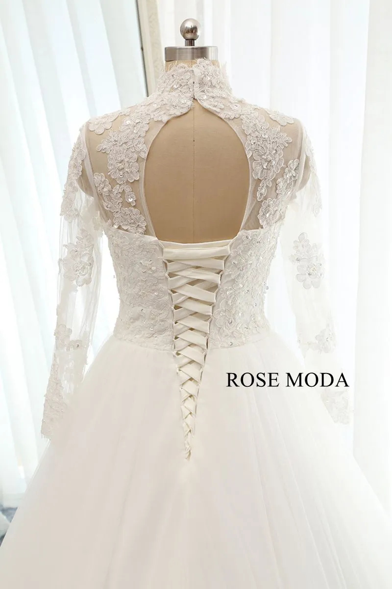 Rosemoda Long sleeve Chantilly Lace A Line Wedding Dress with Cut Out Back