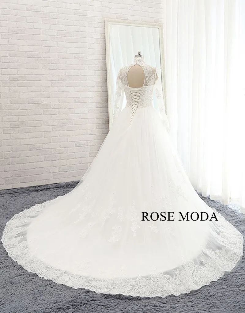 Rosemoda Long sleeve Chantilly Lace A Line Wedding Dress with Cut Out Back