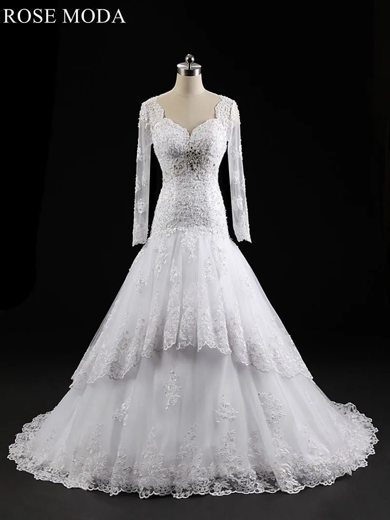 Rosemoda Long Sleeve Tiered Lace Trumpet Wedding Dress