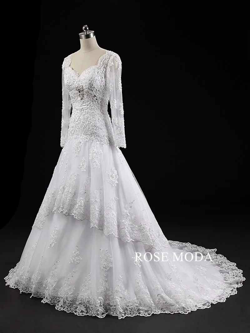 Rosemoda Long Sleeve Tiered Lace Trumpet Wedding Dress