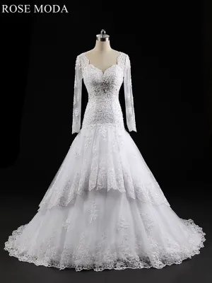 Rosemoda Long Sleeve Tiered Lace Trumpet Wedding Dress