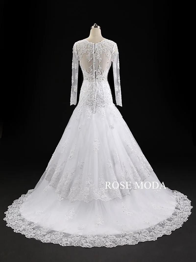 Rosemoda Long Sleeve Tiered Lace Trumpet Wedding Dress