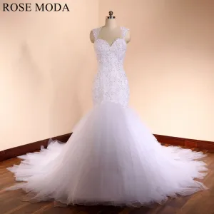 Rosemoda Luxury Cap Sleeve Beaded Lace Mermaid Wedding Dress With Illusion Back