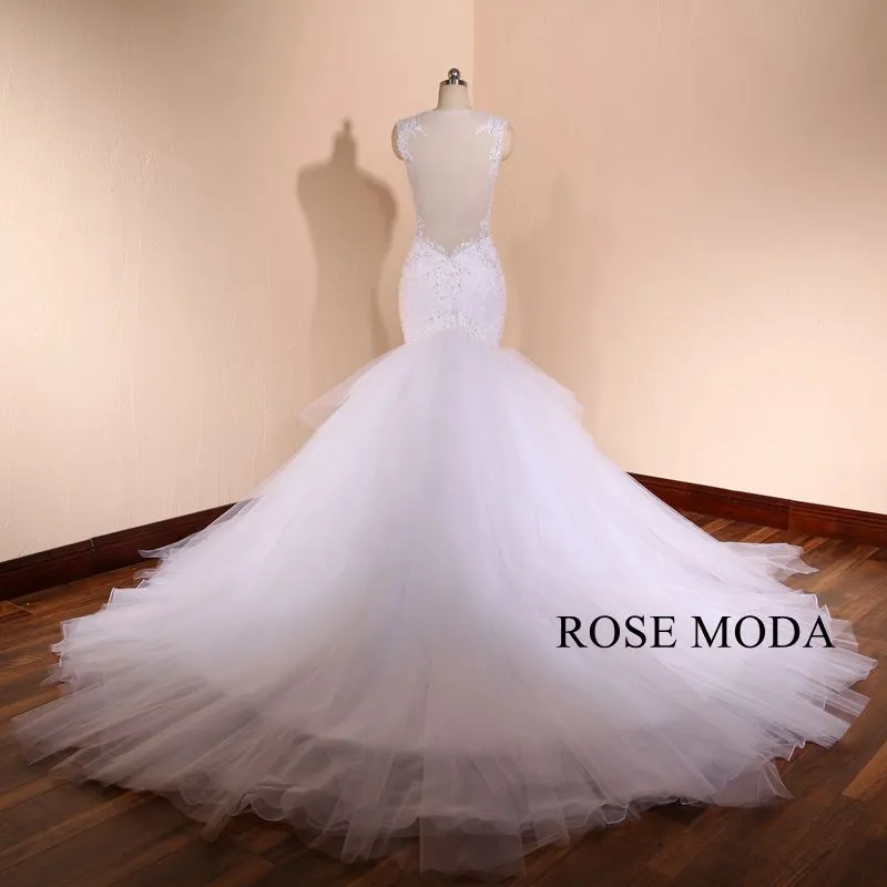 Rosemoda Luxury Cap Sleeve Beaded Lace Mermaid Wedding Dress With Illusion Back
