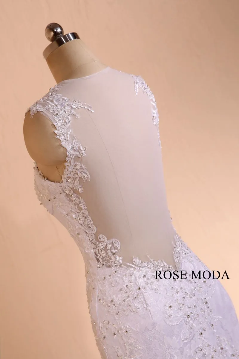 Rosemoda Luxury Cap Sleeve Beaded Lace Mermaid Wedding Dress With Illusion Back