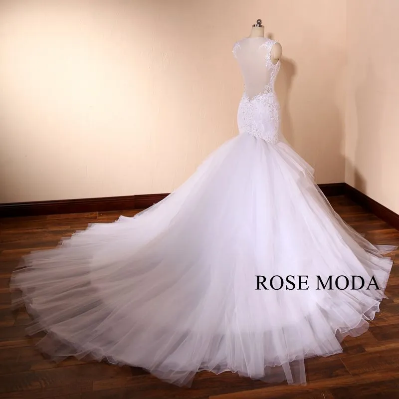 Rosemoda Luxury Cap Sleeve Beaded Lace Mermaid Wedding Dress With Illusion Back