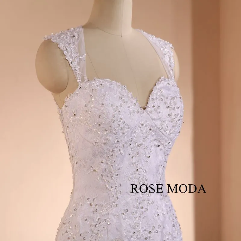 Rosemoda Luxury Cap Sleeve Beaded Lace Mermaid Wedding Dress With Illusion Back