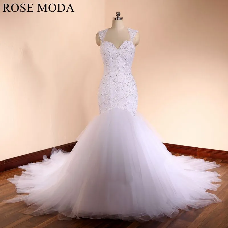 Rosemoda Luxury Cap Sleeve Beaded Lace Mermaid Wedding Dress With Illusion Back