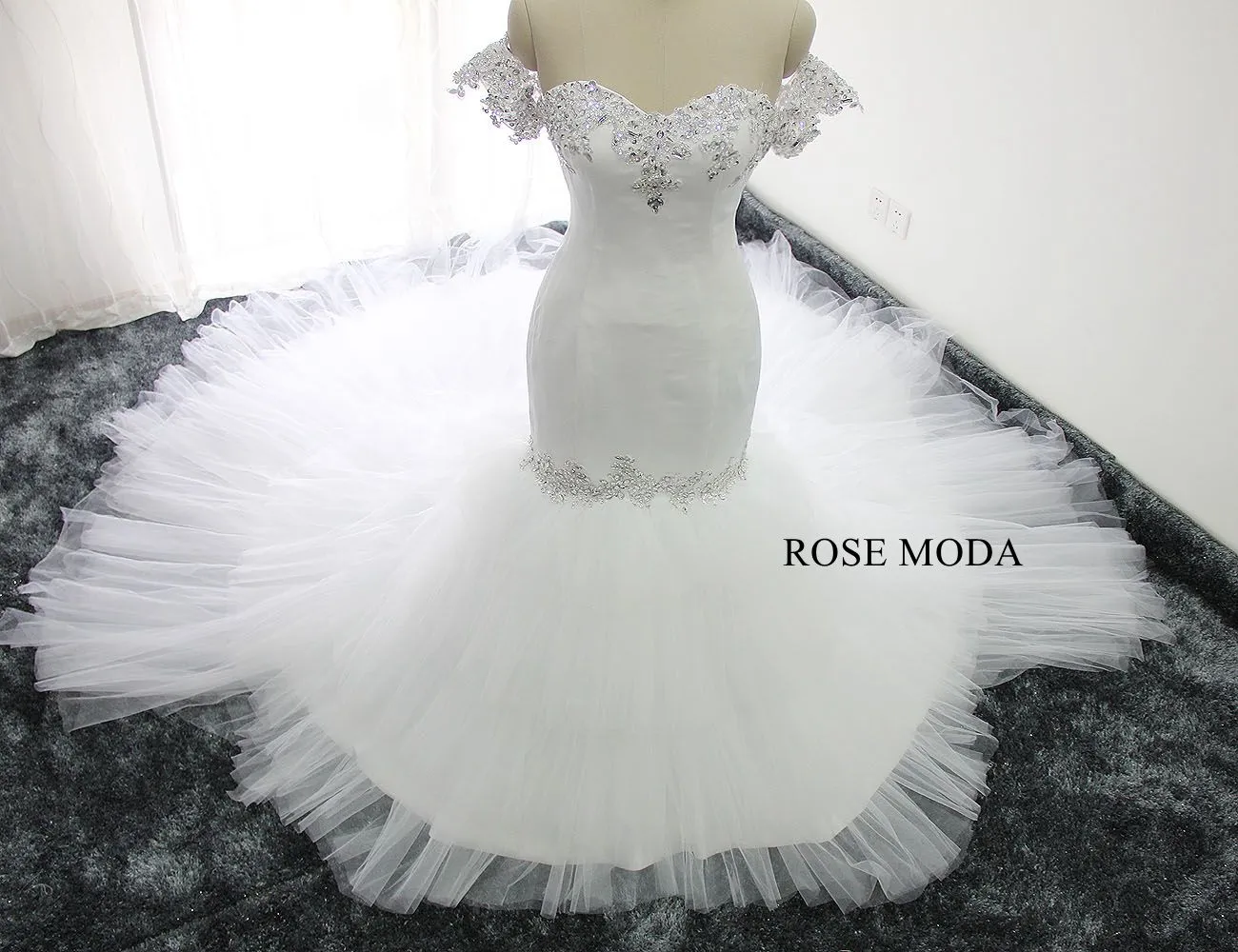 Rosemoda Luxury Satin and Tiered Tufted Mermaid Wedding Dress