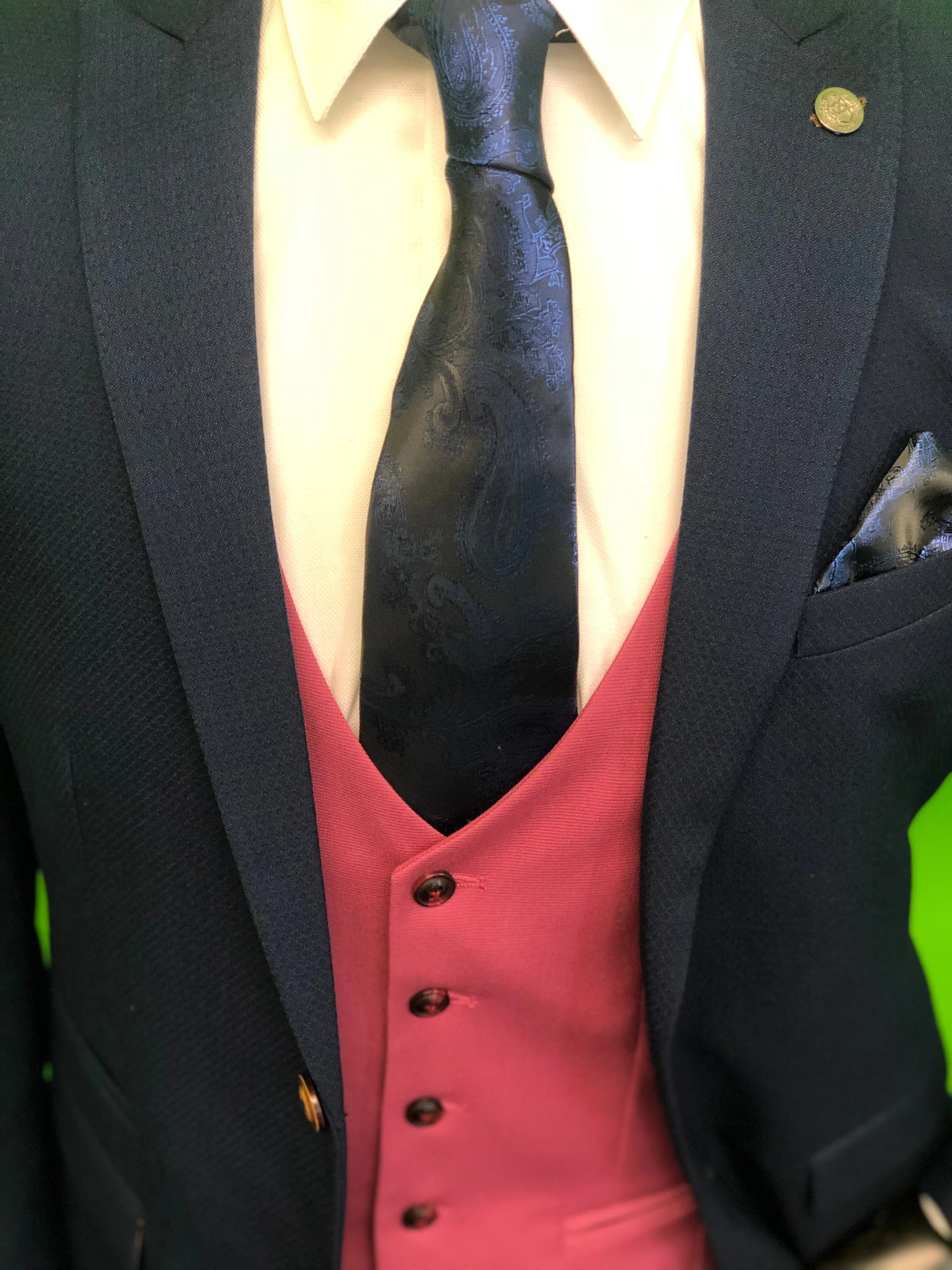 Royal Blue Suit with Wine Waistcoat and Navy Paisley Print Tie Set
