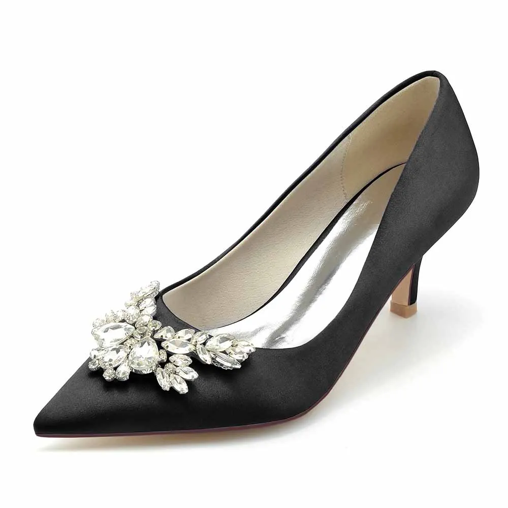 Satin Low Heels Slip-On Pumps With Beaded Closed Toe Party Shoes