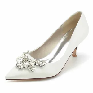 Satin Low Heels Slip-On Pumps With Beaded Closed Toe Party Shoes