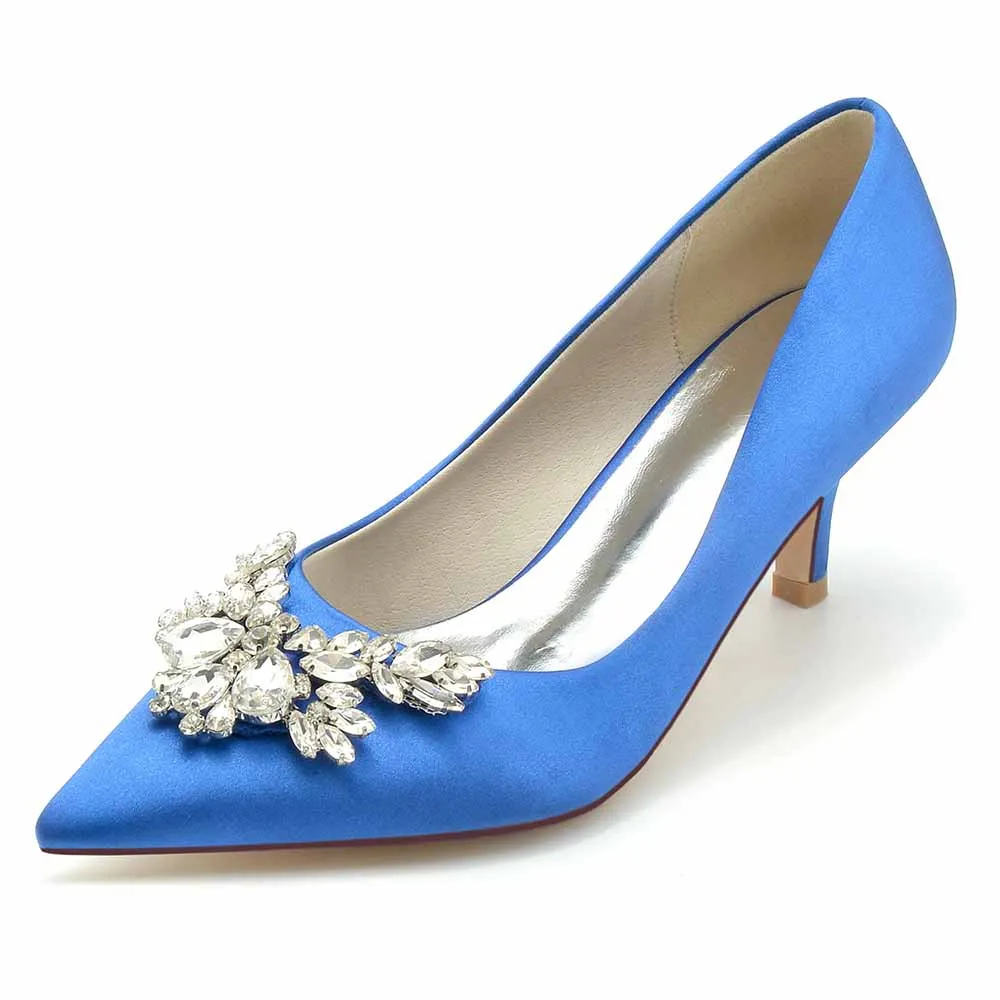 Satin Low Heels Slip-On Pumps With Beaded Closed Toe Party Shoes