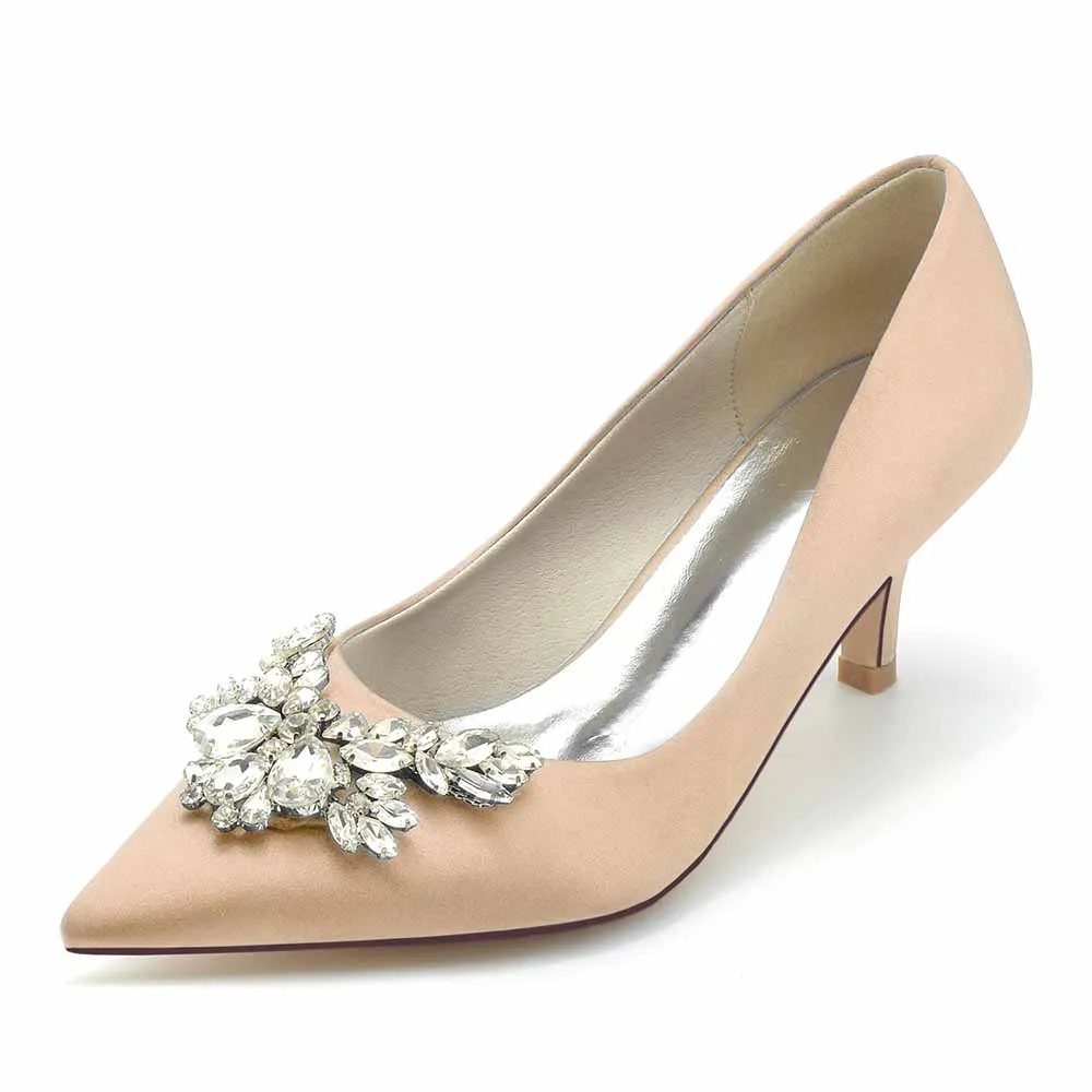 Satin Low Heels Slip-On Pumps With Beaded Closed Toe Party Shoes
