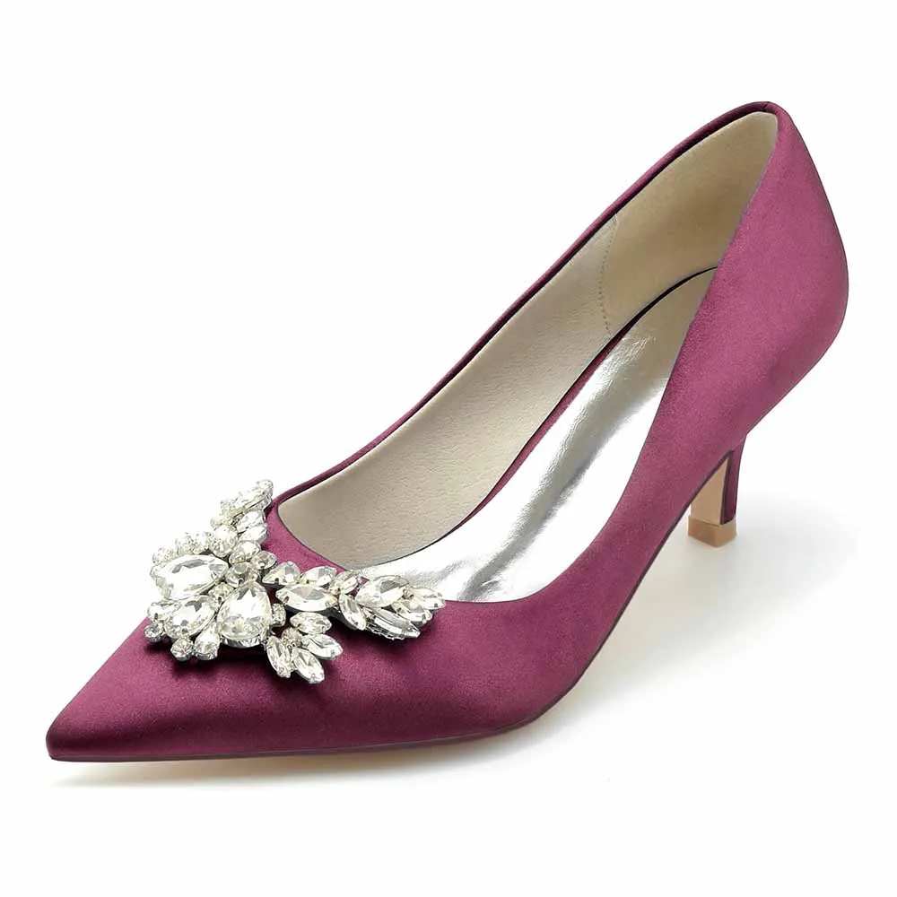 Satin Low Heels Slip-On Pumps With Beaded Closed Toe Party Shoes