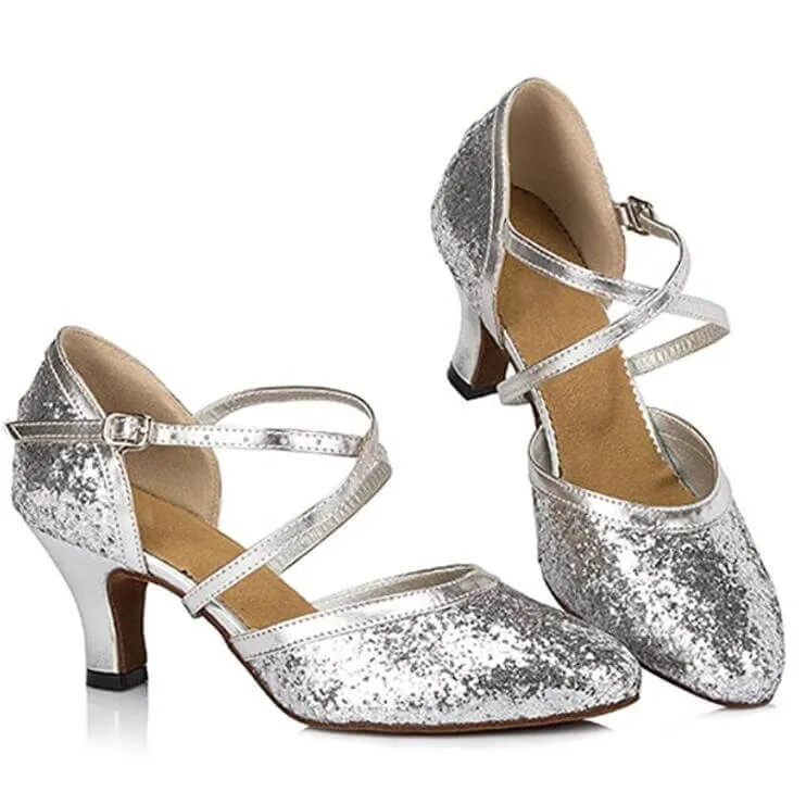 Silver Glitter Ballroom Dance Shoes Latin Salsa Closed Toe Dance Heels