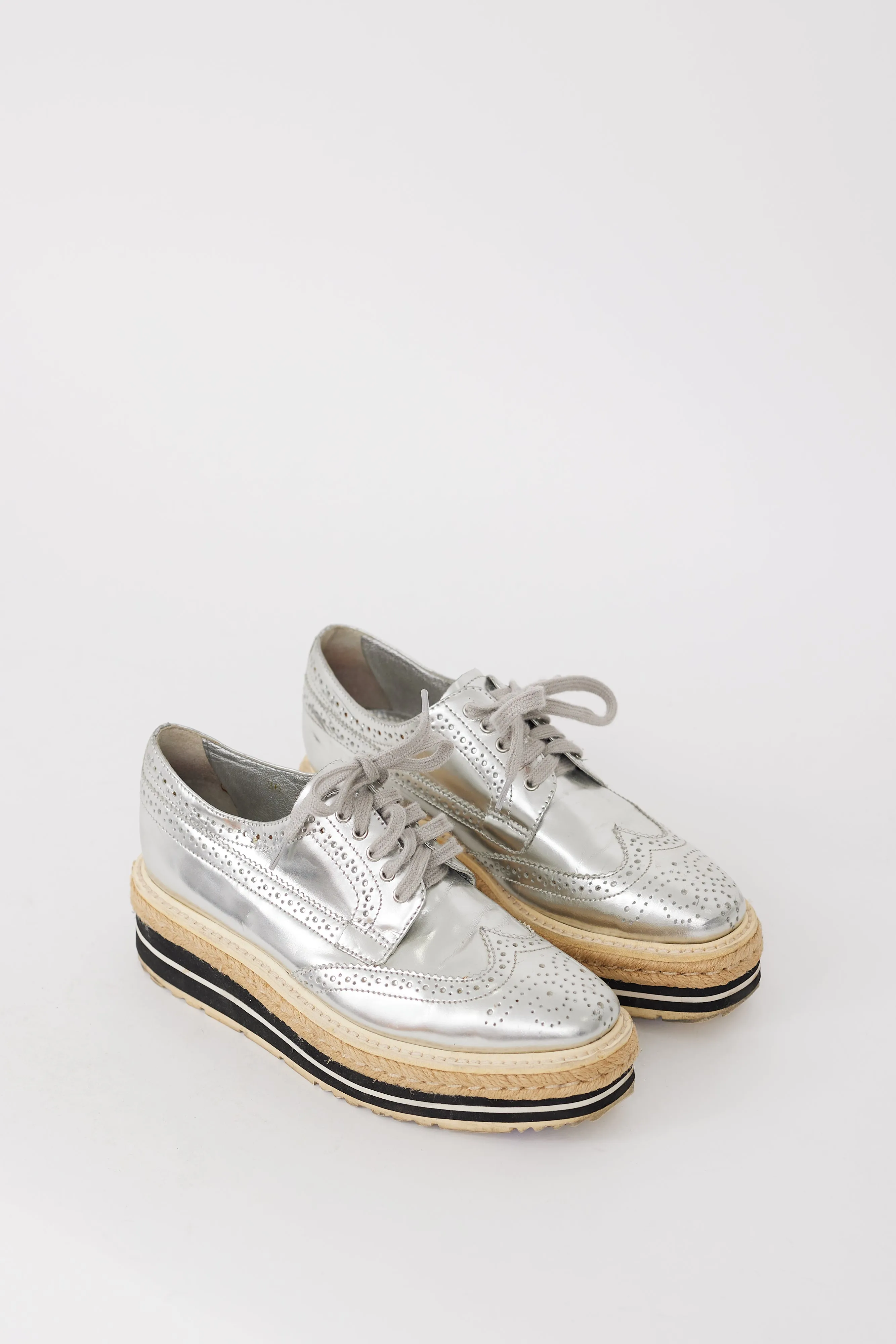 Silver Metallic Leather Platform Brogue