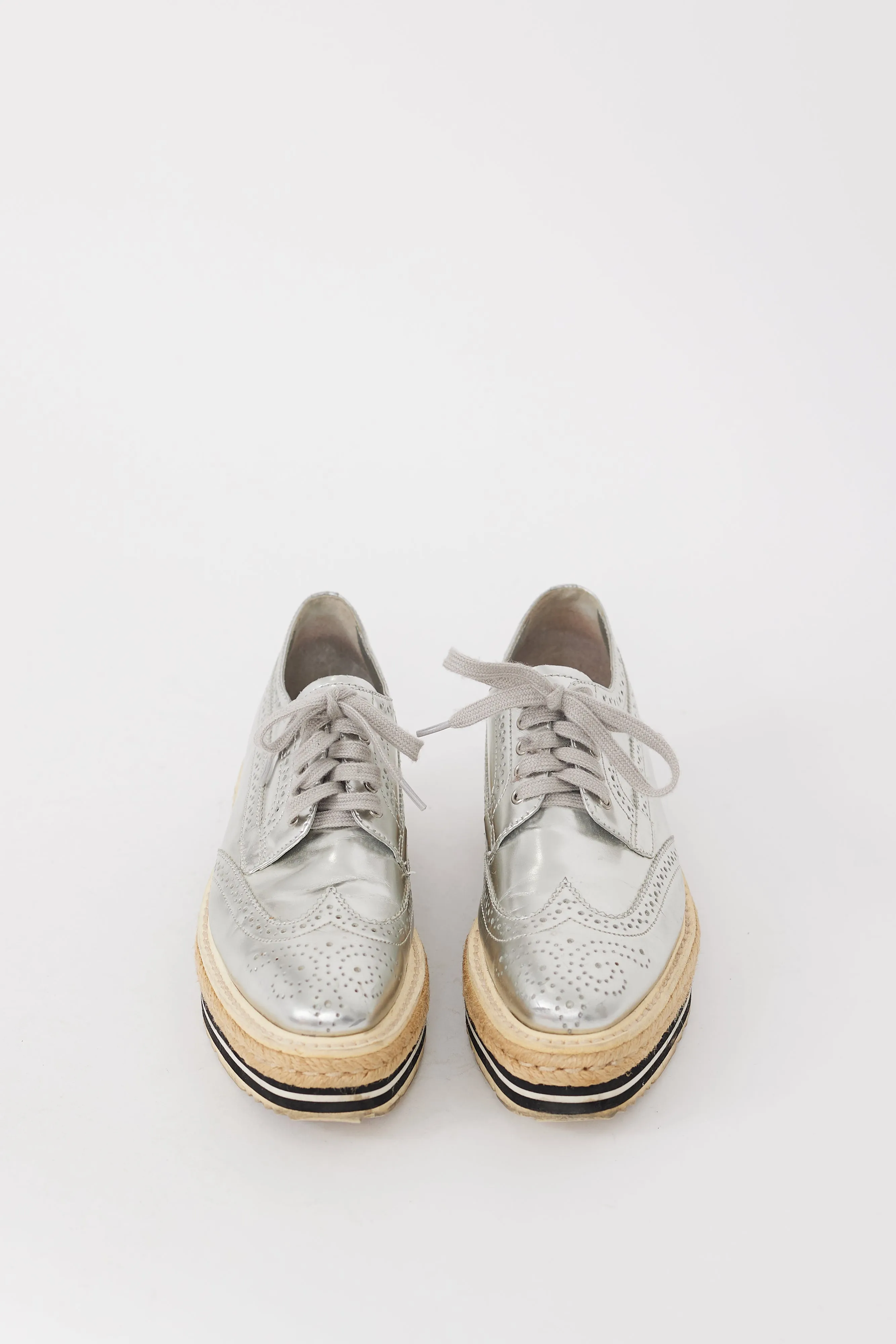 Silver Metallic Leather Platform Brogue