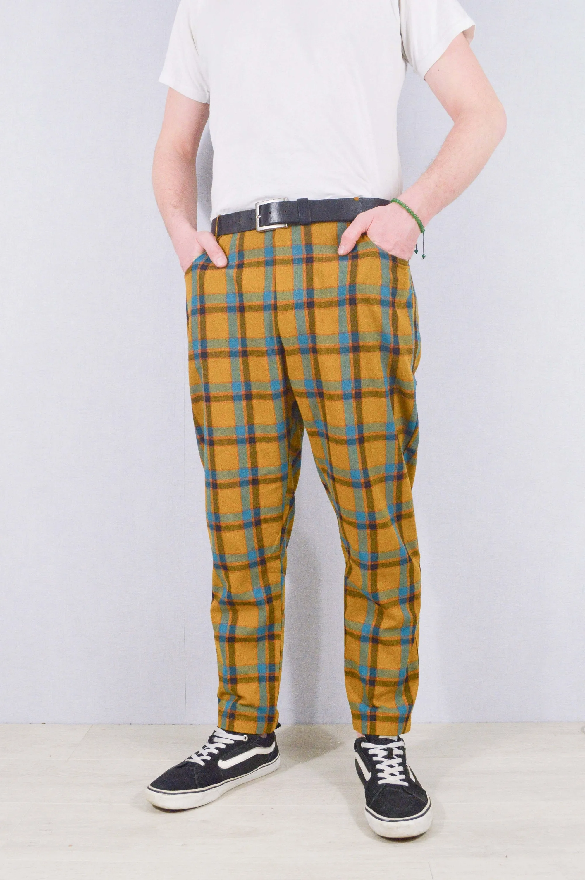 Slim Fit Tartan Check Trousers Mustard & Blue