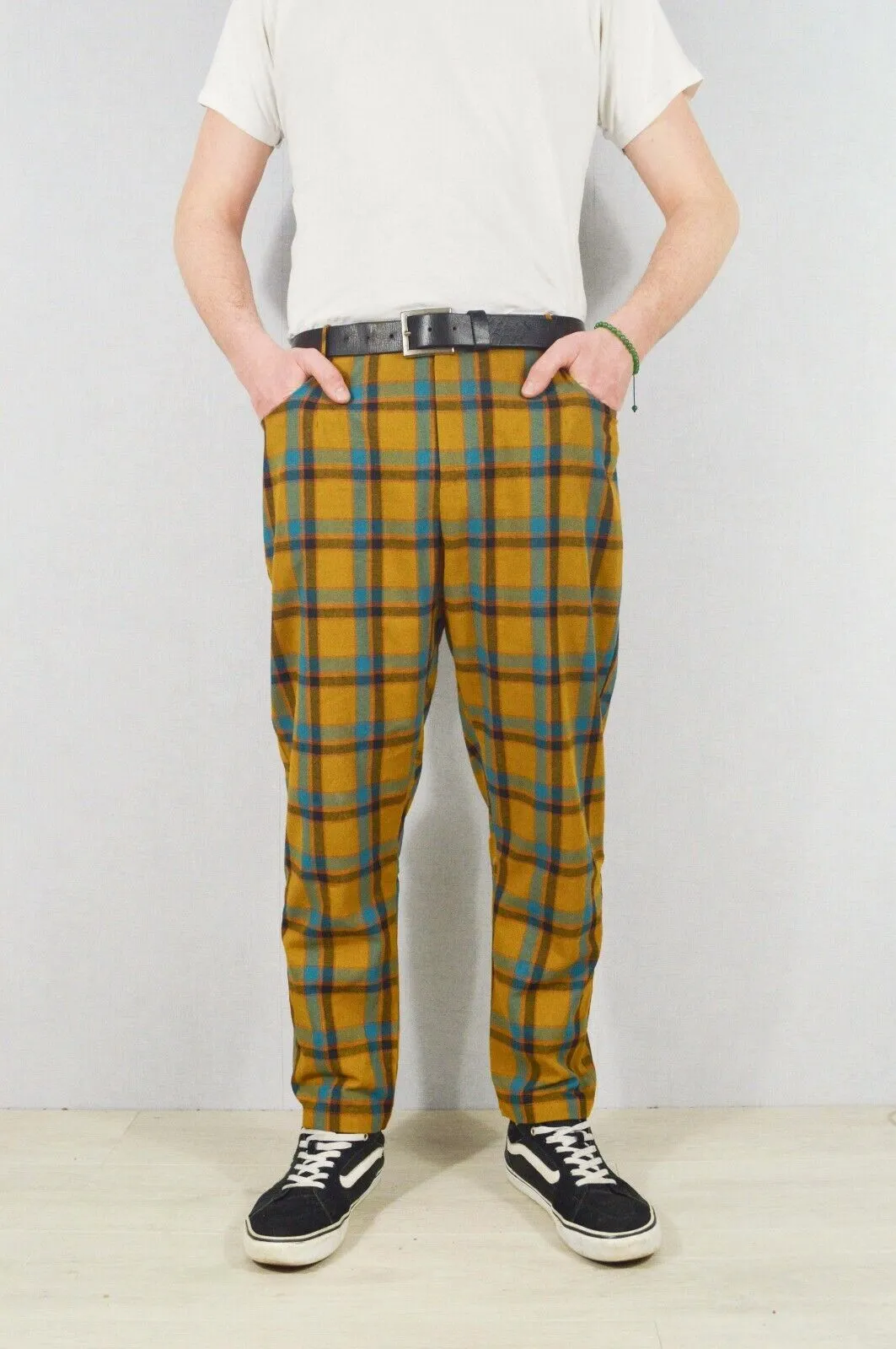 Slim Fit Tartan Check Trousers Mustard & Blue